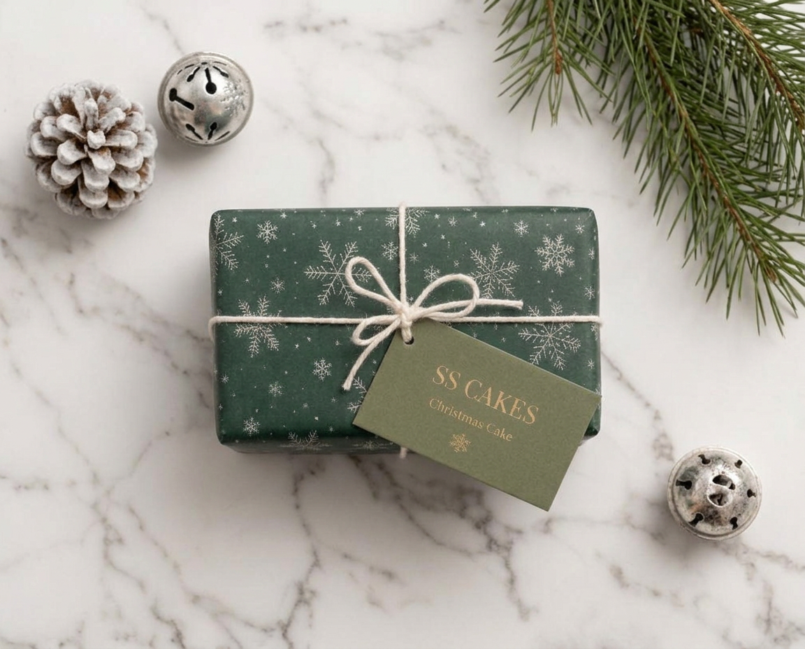 Rectangular Christmas cake pack wrapped in green snowflake festive paper