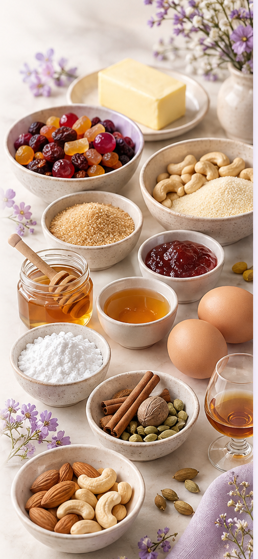 Bowls of butter, dried fruit, nuts, honey, spices, and eggs arranged for baking