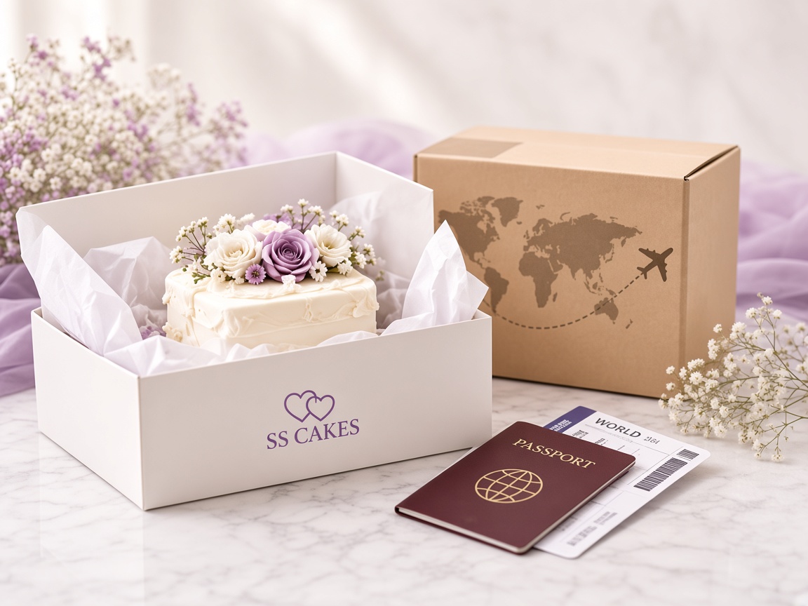 SS Cakes packed for international shipping beside a passport and boarding pass